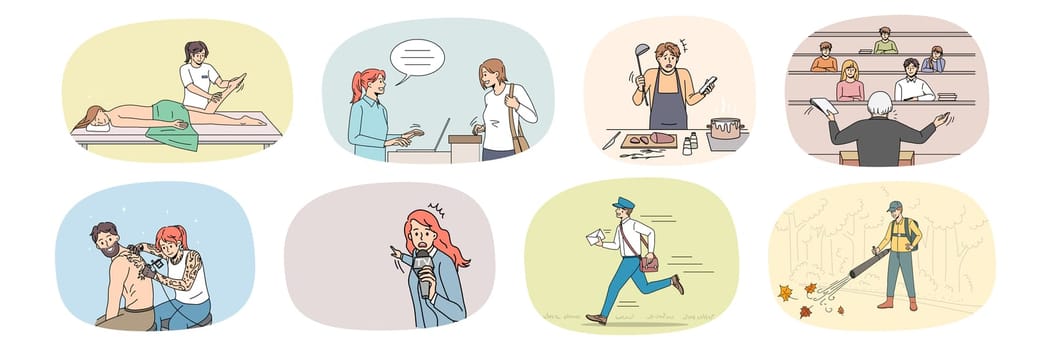 Set of diverse people occupations daily routine and lifestyle. Collection of human professions and jobs. Journalist, masseuse and tattoo artist. Postman and chef. Vector illustration.