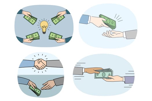 Set of businesspeople hands make deal exchange dollar banknotes. Collection of people or business partners pay with cash. Money and finance concept. Vector illustration.