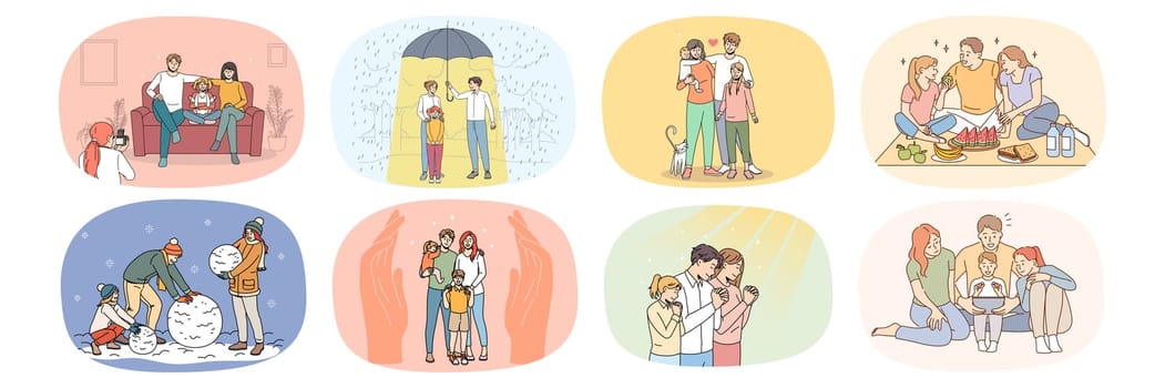 Collection of happy loving young family with children enjoy days relax and play together. Set of caring parents with kids spend time on leisure weekend. Relative unity. Victor illustration.