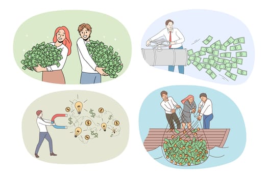 Set of happy businesspeople with stacks of money get dividend from investment. Collection of smiling employees receive piles of cash. Passive income and finance stability. Vector.