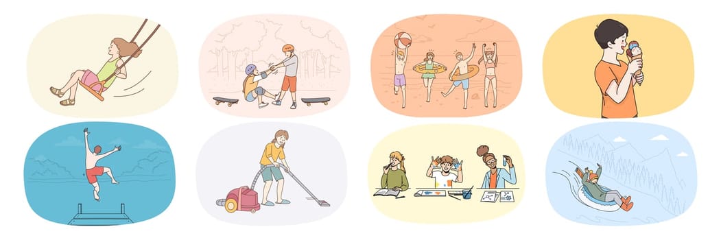 Bundle of happy small children enjoy careless childhood eating ice-cream and playing with friends. Set of smiling kids have fun relax involved in daily activities. Childcare. Vector illustration.