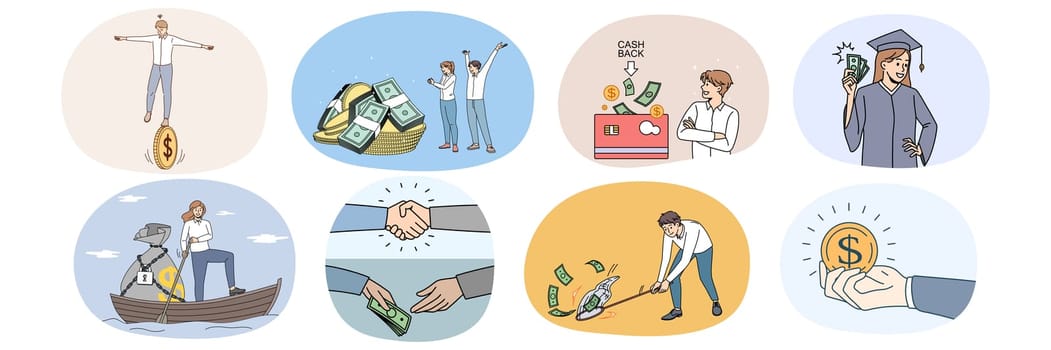 Collection of diverse people get passive income or revenue. Set of men and women feel excited receive dividend from successful investment. Banking and finances. Vector illustration.