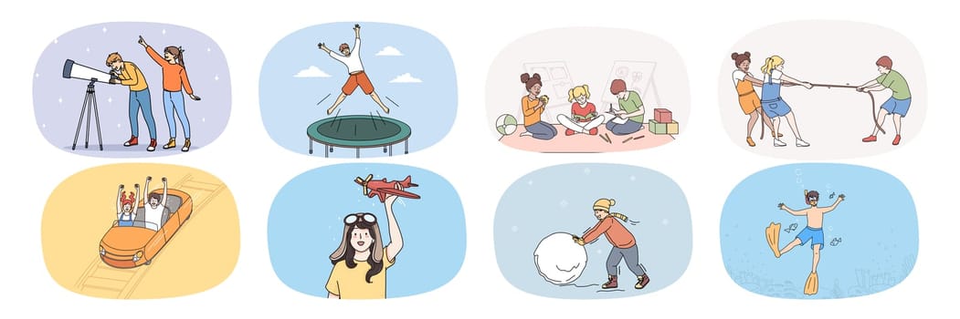 Set of happy kids have fun playing together on leisure weekend. Collection of smiling small children relax rest with friends on vacation or holiday involved in games. Flat vector illustration.