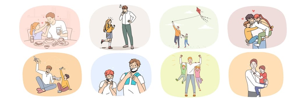 Collection of loving father and small child play together at home and outdoors. Set of happy caring dad have fun spend weekend time with little kid. Fatherhood concept. Flat vector illustration.