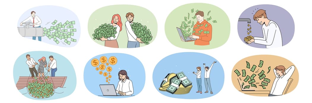 Collection of diverse people feel excited get dividend from successful investment. Set of happy men and women satisfied with financial income or revenue. Finance, bank. Vector illustration.