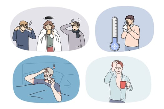 Set of unhealthy people cough and sneeze suffer from influenza or covid-19. Collection of sick unwell men and women struggle with corona virus. Healthcare and medicine. Vector illustration.