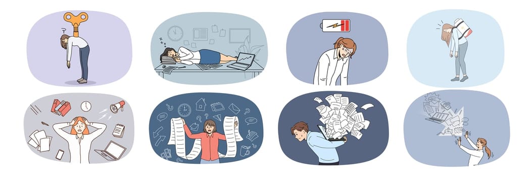 Set of exhausted office workers feel distressed overwhelmed with tasks and duties. Collection of unhappy unwell employees tired with workload. Overwork and fatigue. Vector illustration.