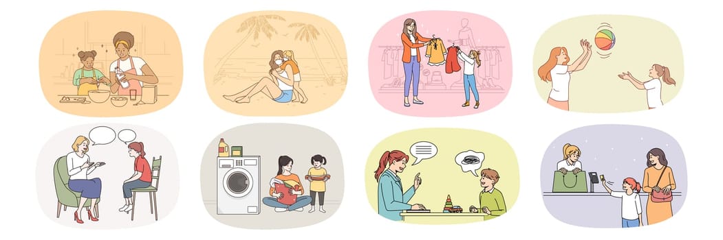 Set of happy mom have fun enjoy leisure weekend with little kid. Collection of smiling loving mother relax and play, spend time with teen child. Motherhood and upbringing. Vector illustration.