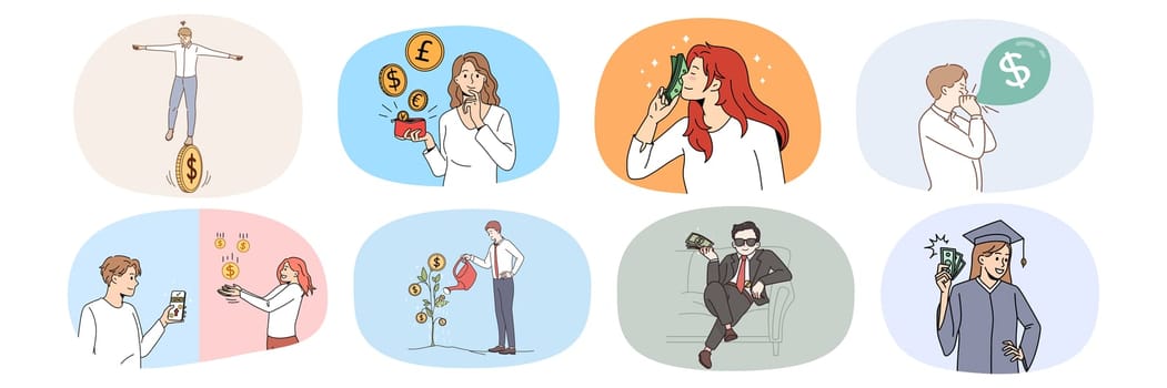 Set of happy successful men and women feel excited with income or profit. Bundle of diverse people get dividend earn money. Finance stability and success. Flat vector illustration.