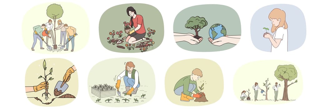 Collection of people take care of plant grow seedlings into trees. Set of volunteers growing greenery. Concept of planet earth and nature conservation. Gardening hobby. Vector illustration.