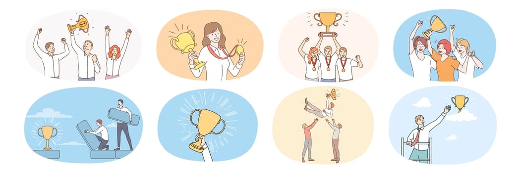 Set of businesspeople with trophy celebrate shared business success. Collection of overjoyed people with medals and awards reach target. Goal achievement. Flat vector illustration.