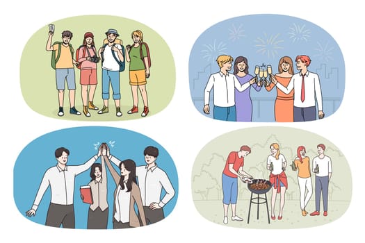 Set of smiling diverse friends have fun enjoy leisure times together. Collection of happy young people relax, enjoy vacation outdoors and celebrate. Friendship and unity. Vector illustration.