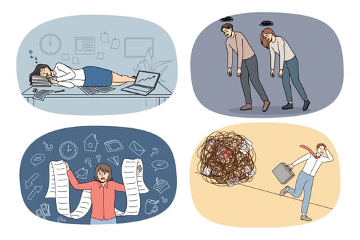 Set of tired employees suffer from nervous breakdown have work stress. Collection of exhausted businesspeople struggle with fatigue and workload. Overwork. Vector illustration.