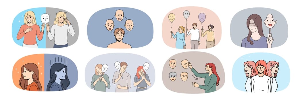 Collection of sick diverse people struggle with mood swing or bipolar disorder. Set of unhealthy men and women have mental problems need psychiatric help. Anxiety, depression. Vector.
