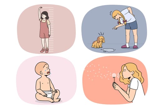 Set of diverse kids of different age with various emotions. Collection of small children cry and smile, do everyday activities, train dog and go for walk. Childhood concept. Vector illustration.
