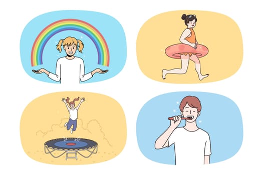 Set of smiling teen kids enjoy leisure time relaxing outdoors. Collection of happy little children have fun on daily life, have joyful childhood. Upbringing and entertainment. Vector illustration.