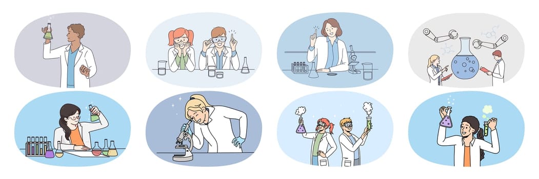 Collection of scientists work in lab experiment with cell using test tubes and microscope. Set of researchers in medical uniform develop vaccine in laboratory. Pharmacy concept. Vector illustration.