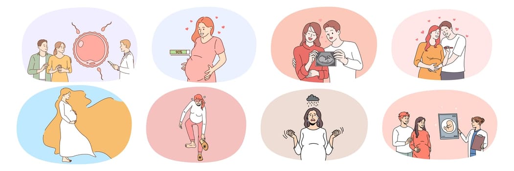 Collection of young pregnant woman and man waiting for baby born. Set of happy family excited with pregnancy. Ivf treatment. Childbirth and parenthood concept. Vector illustration.