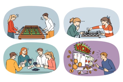 Set of happy kids have fun playing games with friends. Collection of teen children playful activity and gambling with chess and cards. Hobby and entertainment. Vector illustration.