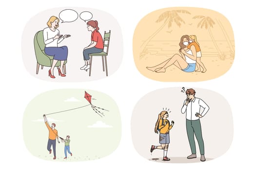 Set of happy parent enjoy time with child