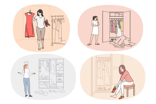 Set of frustrated young woman look at wardrobe think of outfit. Collection of unhappy girl confused with clothing choice in closet need stylist advice. Shopping and buyer. Vector illustration.