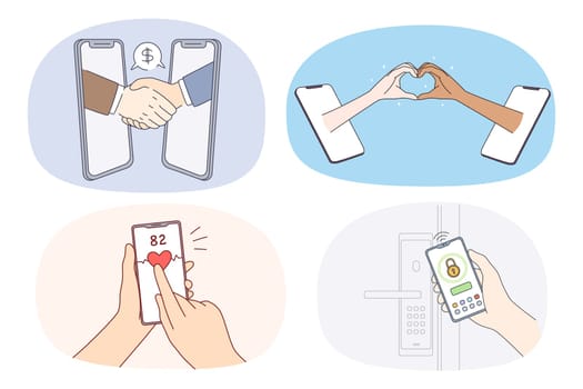 Set of diverse people hands hold cellphones for online communication. Collection of persons use applications on modern smartphones for transactions and chat. Technology. Vector illustration.