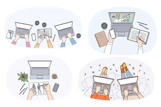 Collection of people use computer gadget study or work online from home. Set of students and employees use laptops take web course. Technology and lockdown. Vector illustration.