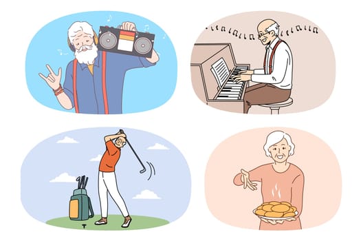 Set of happy active old pensioners people enjoy good maturity. Collection of energetic smiling mature men and women have fun involved in hobby activity. Relaxation on retirement. Vector.