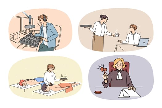 Set of people and occupations or jobs. Collection of men and women professions and careers. Host or producer, waitress, masseuse and juror or attorney. Flat vector illustration.