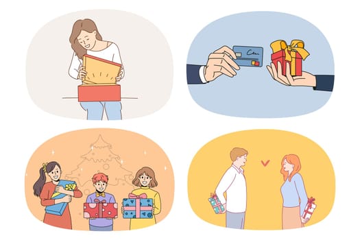 Set of happy people get and give presents on birthday anniversary. Collection of smiling men and women exchange gifts congratulate greet on special occasion. Flat vector illustration.