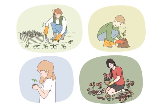 Set of diverse people enjoy gardening plant seed and seedlings in ground. Collection of men and women engaged in hobby activity work with greenery and plants. Vector illustration.