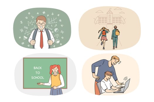 Set of diverse excited small children go to school in September. Collection of smiling little kids enjoy studying learning with teachers. Education and lessons concept. Vector illustration.