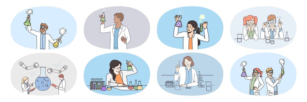 Set of diverse scientists with test tubes do experiments in laboratory. Collection of researchers develop vaccine in lab. Biotechnology and pharmacy concept. Science. Vector illustration.