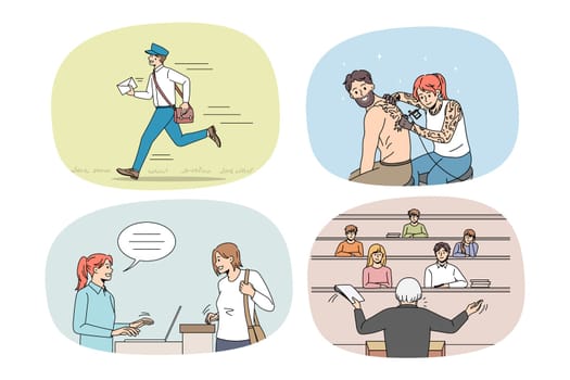 Collection of men and women working at different works and jobs. Set of diverse people careers and occupations. Postman, tattoo artist, receptionist and teacher. Vector illustration.