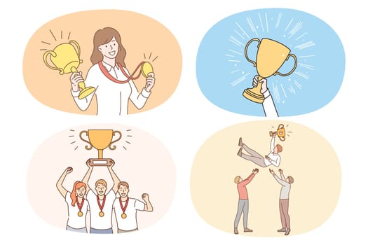Set of happy employees or workers with prizes or awards celebrate goal achievement. Collection of businesspeople excited with win or victory business accomplishment. Vector illustration.