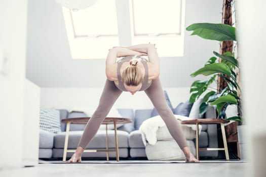 Young beautiful pregnant woman training pilates at home in her living room. Healthy lifestyle and active pregnancy and motherhood concept