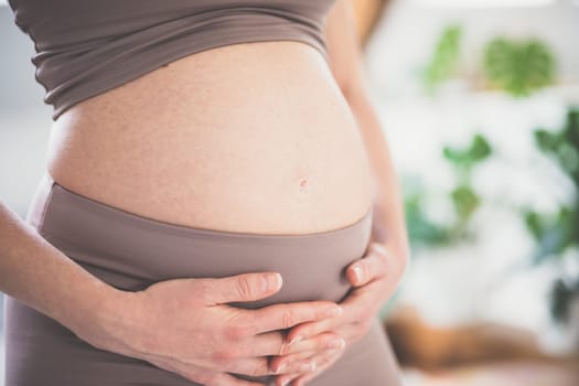 Pregnant woman belly. Pregnancy Concept. Pregnant tummy close up. Detail of pregnant woman relaxed at home