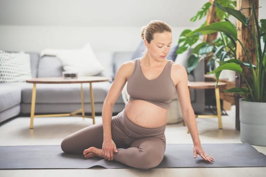 Young beautiful pregnant woman training pilates at home in her living room. Healthy lifestyle and active pregnancy and motherhood concept