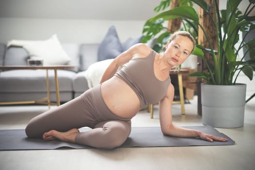 Young beautiful pregnant woman training pilates at home in her living room. Healthy lifestyle and active pregnancy and motherhood concept