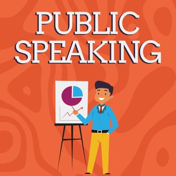 Text caption presenting Public Speaking, Business idea art of effective oral communication with an audience Businessman Wearing Casual Standing Presenting Charts And Ideas.