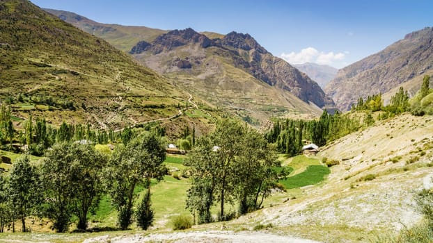 Scenic view of Yaghnob Valley and a mountain village in Tajikistan