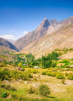Scenic view of Yaghnob Valley and a mountain village in Tajikistan