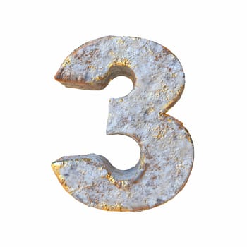 Stone with golden metal particles Number 3 THREE 3D rendering illustration isolated on white background