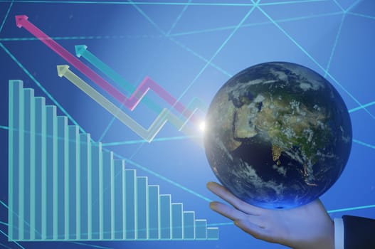 3d illustration.  Businessman hand on to stock market finance graph chart exchange money or growth investment global economy analysis rate on economic technology background
