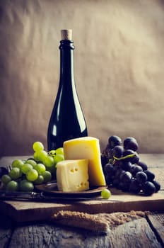 Wine and cheese on rustic wooden table