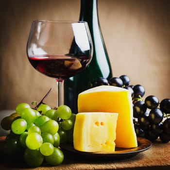 Wine and cheese on rustic wooden table