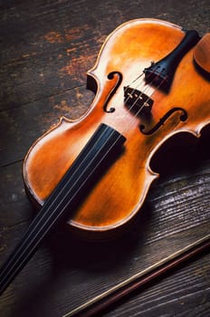 Viola on rustic wooden background