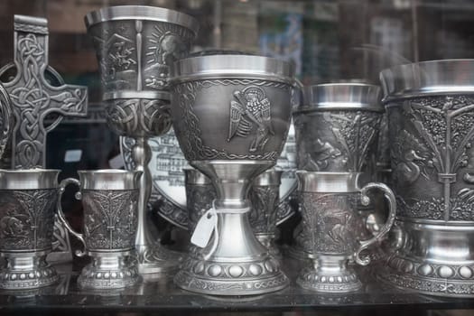 Dublin, Ireland - Feb 9th, 2020: Silver tankards and globets. Typical Irish crafts, Dublin, Ireland