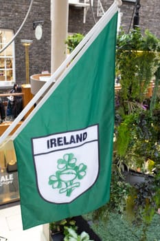Dublin, Ireland - Feb 7th, 2020: Ireland Rugby flag displayed during Six Nations macht at Powerscourt Shopping Centre. Dublin, Ireland