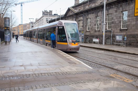 Dublin, Ireland - Feb 9th, 2020: Luas, tram light rail system. Dublin, Ireland